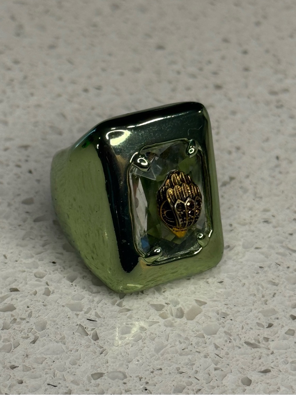 Kurt Geiger Green Stainless Steel Signet Ring with Gold Emblem